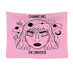 Pink Nordic tapestry featuring a celestial girl with Channeling The Universe print
