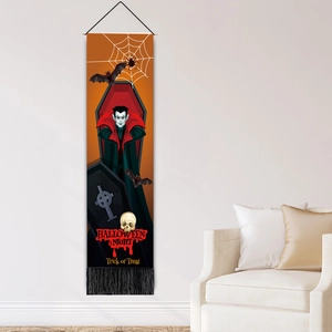 Vertical Halloween Night wall banner with ghost, vampire and bats for home party decor
