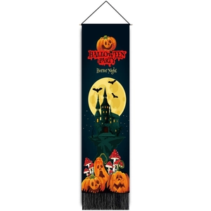Halloween Party vertical wall banner with ghost, castle and pumpkin lantern decor
