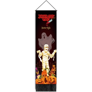 Halloween Party hanging banner with ghosts and pumpkins on black background with tassels