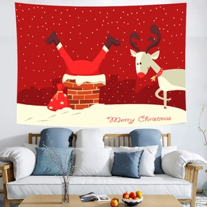 Christmas tapestry with Santa Claus and reindeer hanging in a warm modern living room