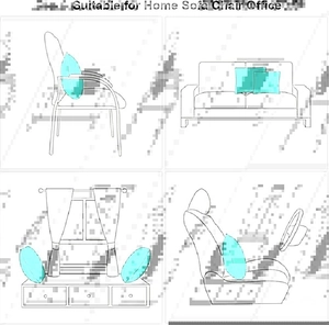 Blue multipurpose cushion demonstrated on home sofa, office chair, and car seat settings