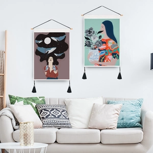 Set de 2 tapices decorativos con borlas e ilustraciones artísticas modernas de mujeres