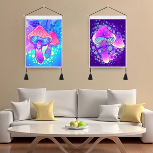 Psychedelic Mushroom Wall Hanging Tapestry Cotton Polyester Art Poster With Wood Rod Black Tassels Neon Galaxy Galaxy Home Decor For Bedroom Living Room