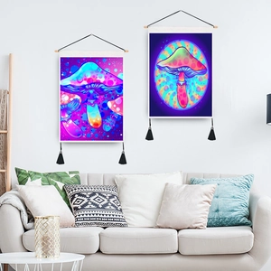 Nordic canvas hanging art with psychedelic mushroom patterns and black decorative tassels