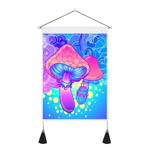 Nordic style mushroom tapestry with wood pole and tassels for artistic home wall decor