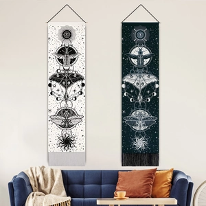 Mystical Moth Moon Phase Hanging Tapestry Celestial Beetle Sun Decorative Scroll With Tassels Bohemian Wall Art