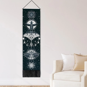 Modern black wall tapestry with white butterfly and moon phases icons plus fringe