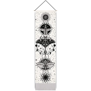 Bohemian moth and moon phase wall tapestry with wooden frame and fringe tassel decor