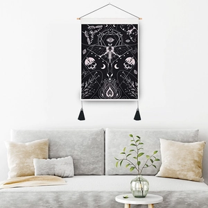 Nordic wall hanging canvas featuring a gothic moth, skull, and moon phase with black tassels