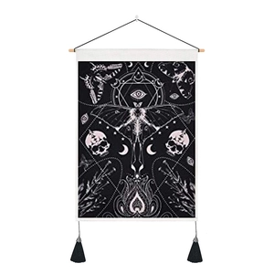 Bohemian moth tapestry wall hanging with fringe and moon phase mystical design