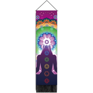Bohemian chakra wall hanging tapestry with floral mandala and black tassel fringe