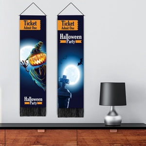 Halloween porch banner set with glowing pumpkins, tombstones and moon decorations