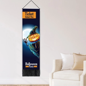 Vertical Halloween Party wall tapestry with pumpkin witch design and black bottom tassels