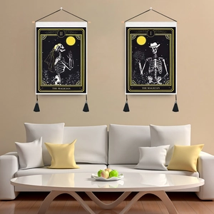 Skeleton Magician Tarot Card Tapestry Wall Hanging With Wood Rod And Tassels Gothic Home Decor For Bedroom Living Room