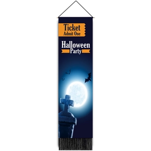 Halloween party banner with ghost moon and bat graphics on navy fabric with tassels