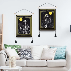 Skull magician tarot tapestries with wooden rod and tassels for boho wall decor