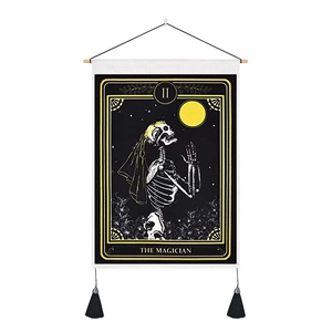 Gothic tarot skull magician wall tapestry with wooden rod and black tassels