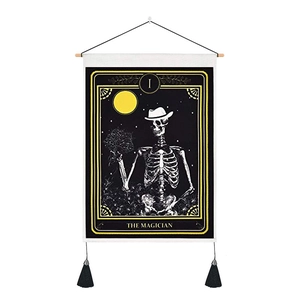 Gothic skull tarot magician tapestry with wooden scroll and black tassel decor