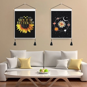 Nordic Black Hanging Tapestry With Tassel Wooden Pole Sunflower Moon Star Print Wall Art Hanging Decor For Home Living Room