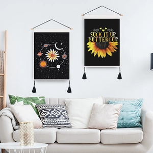 Minimalist moon and sunflower fabric wall tapestries with wooden frame and tassels