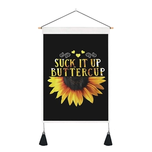 Floral lunar eclipse wall tapestry with sunflower pattern, wooden pole, and black tassels