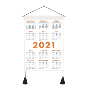 Minimalist 2021 wall calendar tapestry in white canvas with wooden rod and black tassels