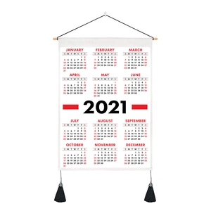 Minimalist 2021 wall calendar fabric banner with wood pole and black tassel hanging decor