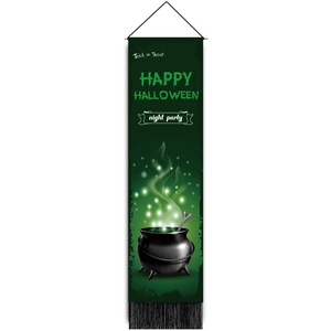 Vertical Halloween Trick or Treat banner with witch cauldron and green smoke on dark green