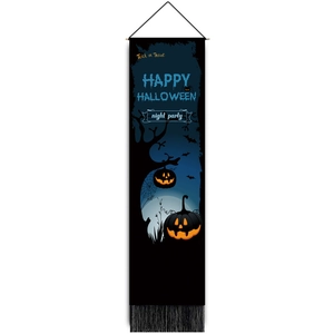 Vertical Happy Halloween party hanging banner with pumpkin and black fringe tassels