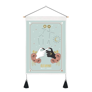 Gemini themed hanging tapestry with light green background and elegant black tassels