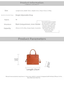 Dimensions détaillées du sac cabas orange en PU avec mesures de taille et de bandoulière