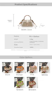 Detail of woven straw and PU mini square bag with silk scarf handle and chain strap