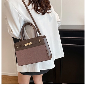 Side view of two-tone brown leather and fabric handbag with gold lock on a model