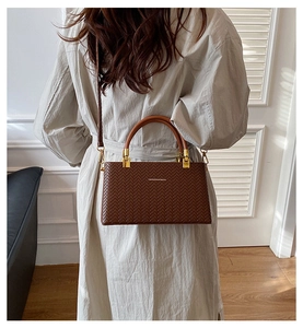 Brown woven texture box bag with gold-tone hardware shown on model in a modern interior