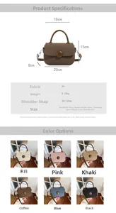 Size chart and technical specs for PU leather handbag with detailed product dimensions