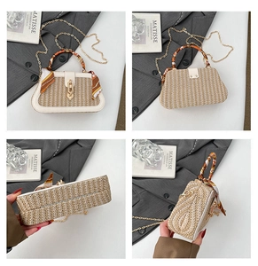 Detail view of woven straw box bag with silk scarf handle and gold chain strap in four angles