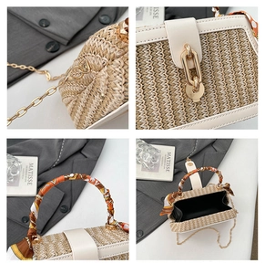 Detailed close-up of straw woven handbag featuring gold hardware and silk scarf handle