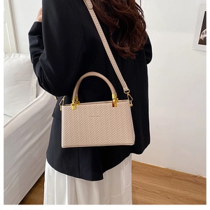 Model wearing a beige woven crossbody box bag with gold hardware and top handle