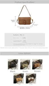 Detailed size chart and multi-color options for the vintage PU shoulder flap bag