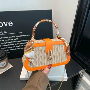 Woven Straw Box Crossbody Bag For Women PU Leather Trim Satin Scarf Handle Metal Chain Strap Summer Vacation Holiday Style