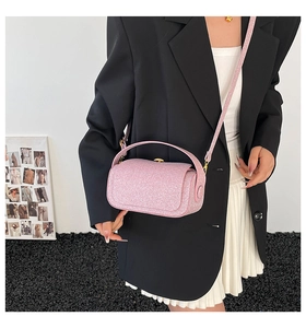 Sac à main rose pailleté avec fermoir doré porté par un mannequin en tenue élégante