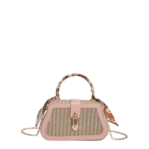 Pink leather trim straw handbag with orange scarf handle and gold chain shoulder strap