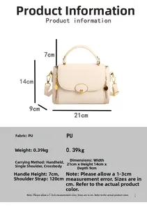 Infografía detallada para bolso de cuero PU crema con dimensiones y especificaciones técnicas