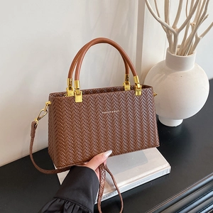 Women Crossbody Bag PU Leather Woven Texture Vintage Small Square Box Handbag Golden Hardware Elegant Casual Travel