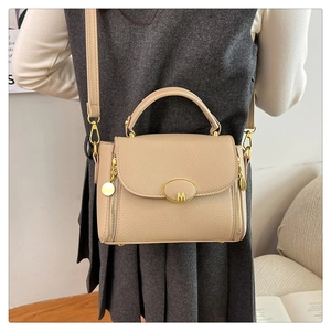 Detail of lychee pattern leather handbag with gold M logo plate and side zipper accents