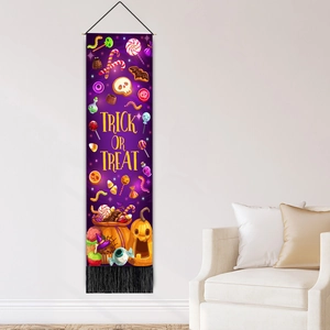 Vertical Halloween Trick or Treat fabric wall banner with pumpkins and bats on purple