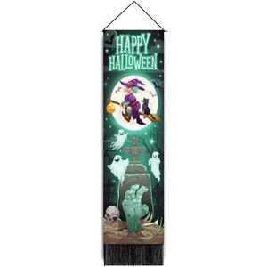 Vertical Halloween wall tapestry with witches, ghosts, and black cat decorations