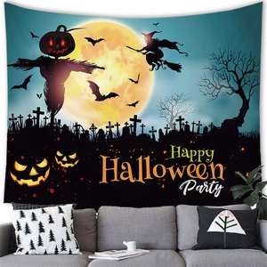 Arazzo di Halloween con spaventapasseri di zucca e strega per decorazione murale festiva