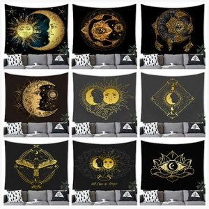Tapiz Bohemio Místico Sol Luna de Poliéster Colgante de Pared Estilo Tarot Celestial Negro Dorado Decoración del Hogar para Sala de Estar